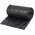 Illustration demonstrating how to easily tear off a black garbage bag from the roll.