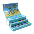 Open art kit showcasing vibrant crayons, sketch pens, and paints