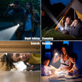 A collage of four scenes showing people using the flashlight for night hiking, camping, searching, and reading.
