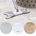 The adjustable Flat Mop handle extended for cleaning a high window or wall.