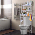 Diagram illustrating the expandable length and stable design of the metal bathroom storage rack.