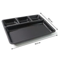 Lightweight and durable plastic rectangular 4-compartment food tray with sections.