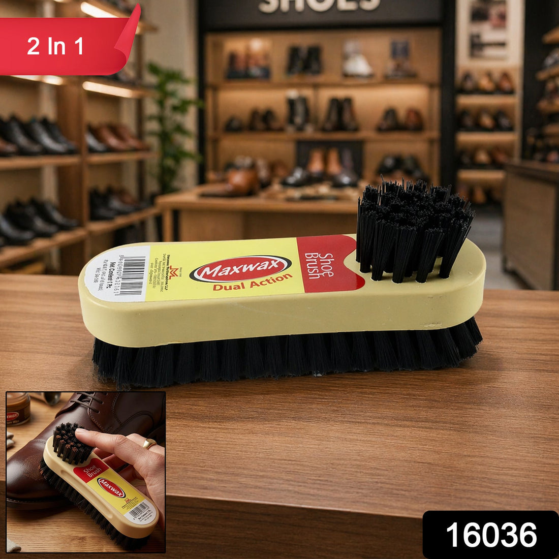 Dual action shoe cleaning brush with soft and hard bristles for comprehensive footwear care.