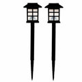 A pair of black solar garden lights with white grid panels are shown standing upright against a plain white background.