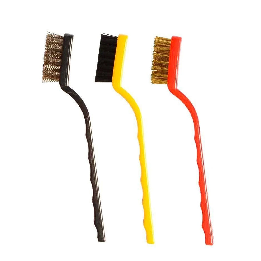 A 3-piece mini wire brush set with brass, nylon, and stainless steel bristles laid out for cleaning tasks.