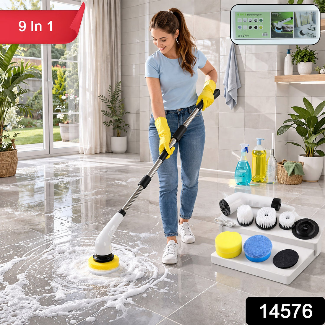 Electric Spin Scrubber with telescopic handle and 9 attachments, ready for home cleaning.