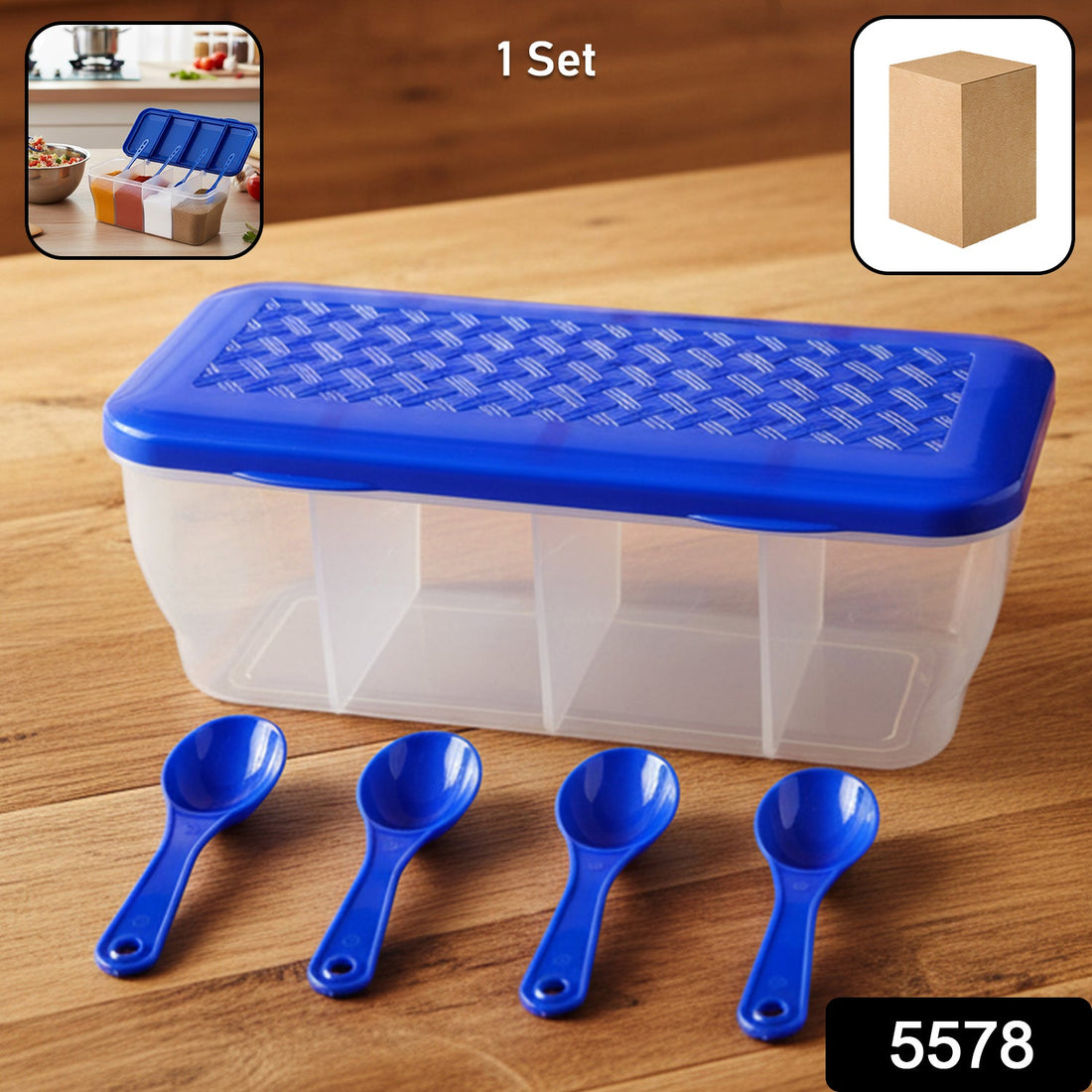 Airtight 4-section storage container with 4 spoons, full of spices on a white background.