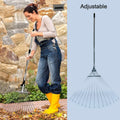 The telescopic handle of the garden rake extended to its maximum length of 152 cm.