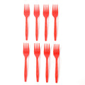 Display of vibrant red plastic disposable forks for guests