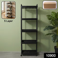 Utility storage cart featuring five open shelves on rolling wheels