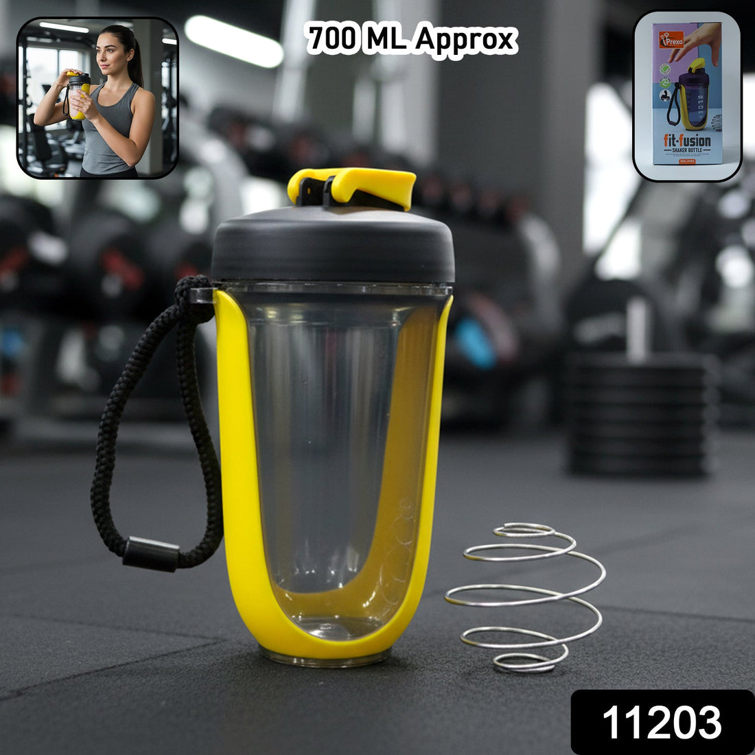 Yellow plastic shaker bottle with handle and whisk ball for smooth protein drinks
