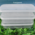 Three Konvex plastic food storage containers with snap-lock lids for leak-proof sealing.