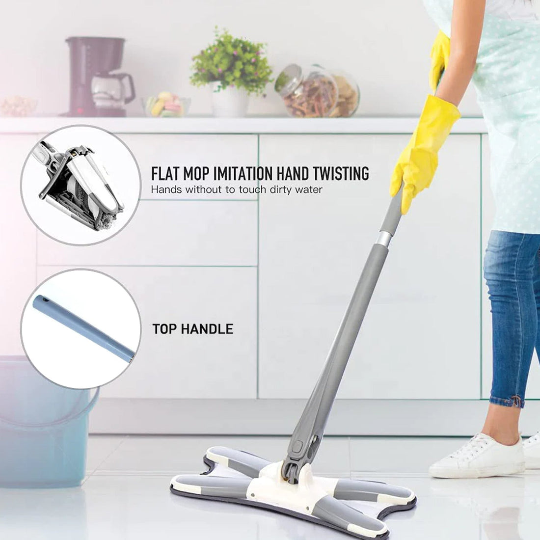 Velvet Wipe Flat Mop with 360-degree rotating head, shown cleaning a floor.