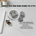 Pack of three stainless steel sink drain strainers neatly arranged