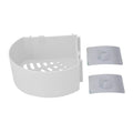 Compact plastic corner rack holding toiletries and spices.