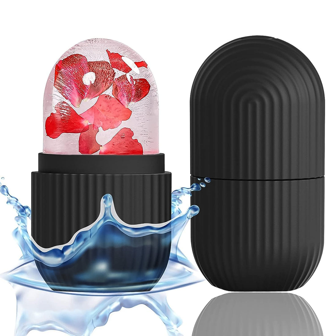 Woman using black face ice roller to reduce puffiness and swelling on her cheek.