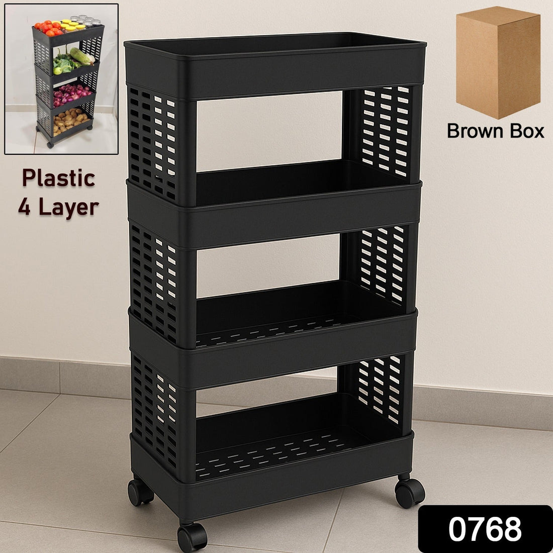 A 4-layer plastic storage rack, ideal for kitchen or bathroom, shown with wheels for easy movement.