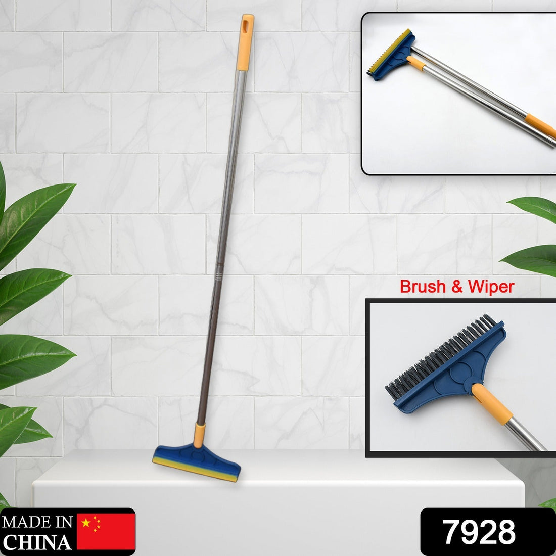 Versatile 2-in-1 long handle floor cleaning brush and wiper in action.