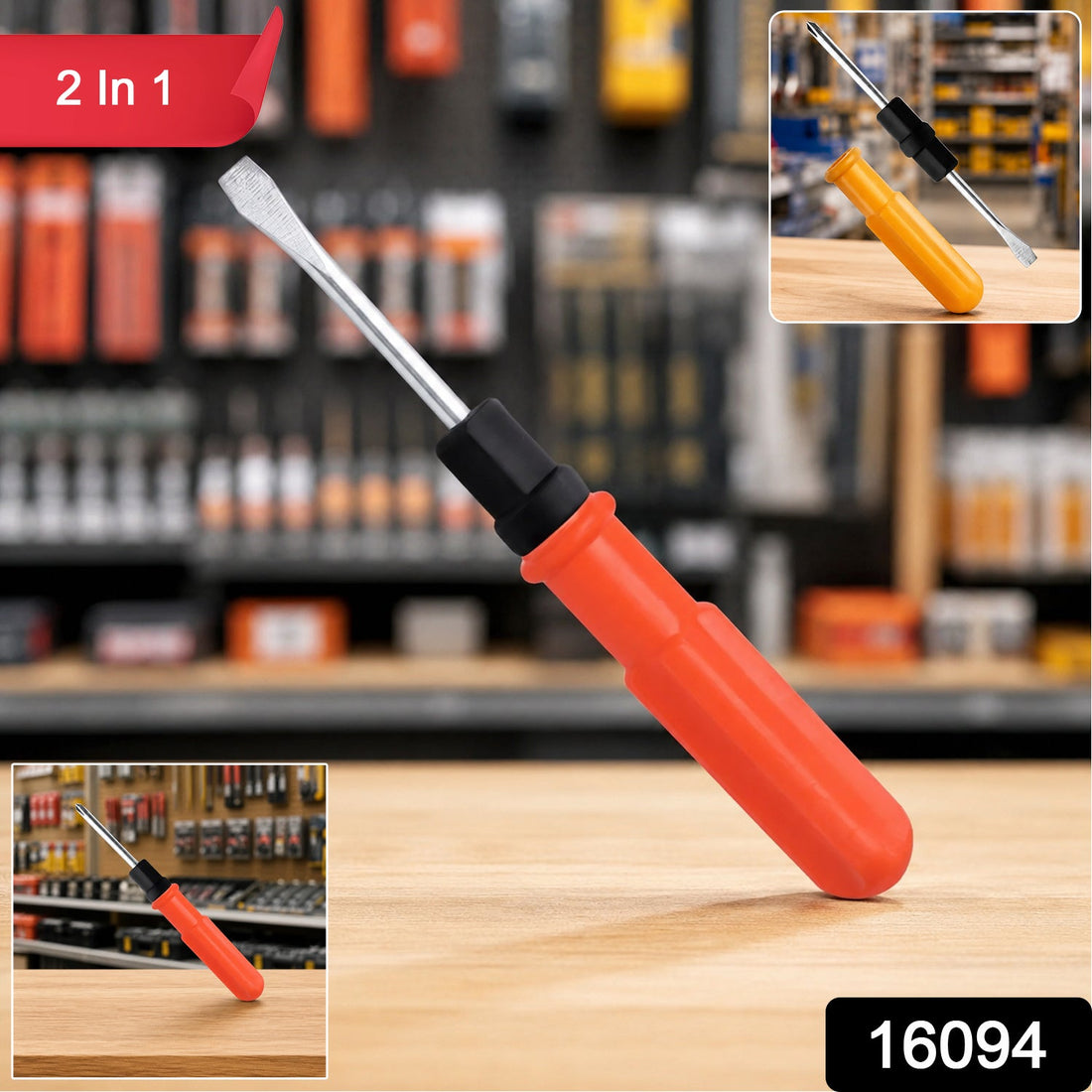 Small 2 in 1 screwdriver with red-orange handle and steel tips for household repairs