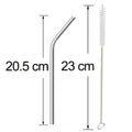 Four shiny bent metal straws and a cleaning brush laid out for inspection.