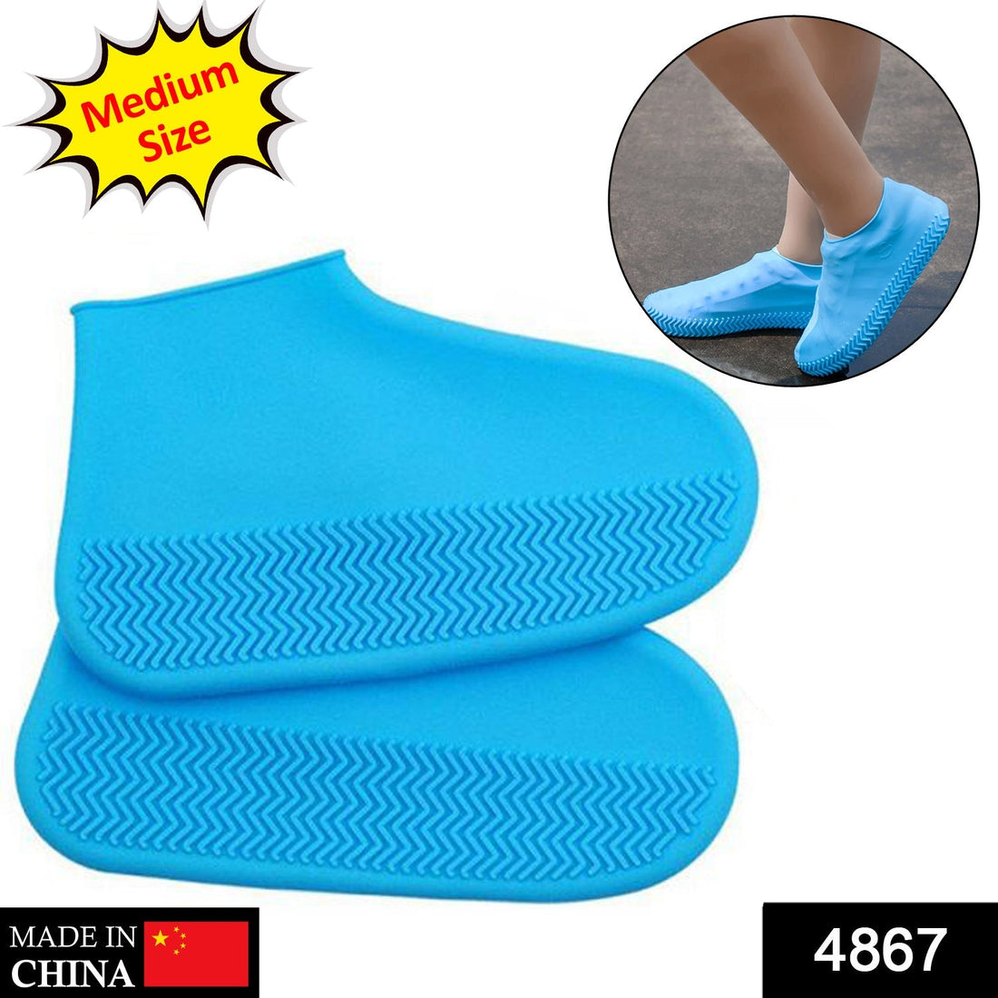 A pair of blue silicone rain boot covers with textured soles, one shown being stretched over a foot, and another in a puddle.