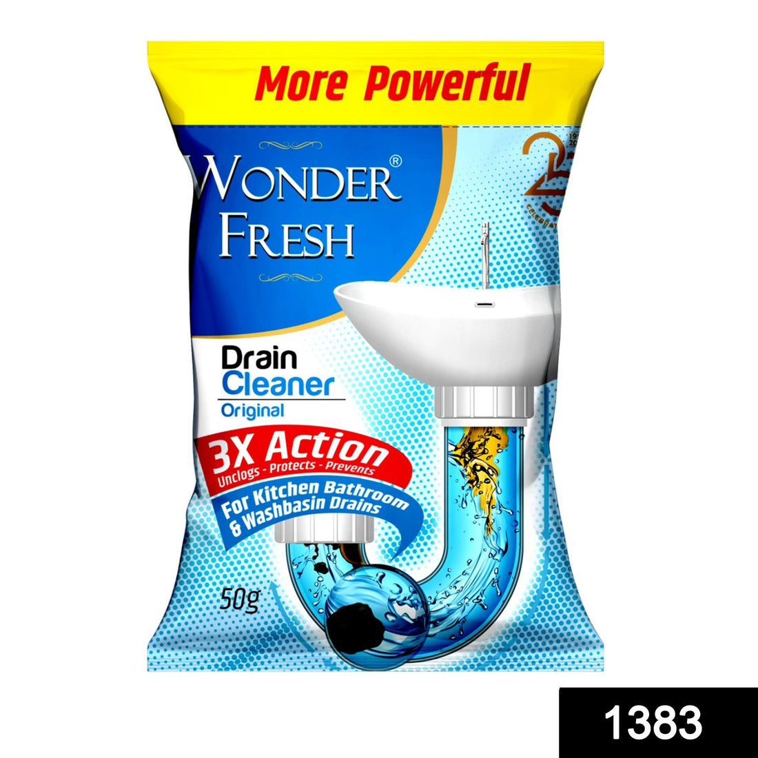 Wonder Fresh Drain Cleaner Powder in a 50g pack, ready to clear stubborn pipe blockages.