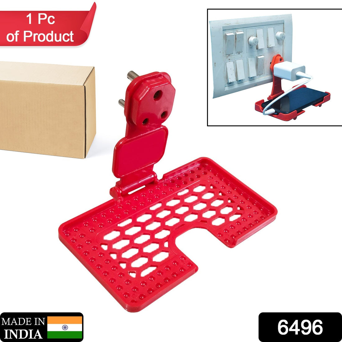 Red mobile charging wall holder mounted on a power socket.