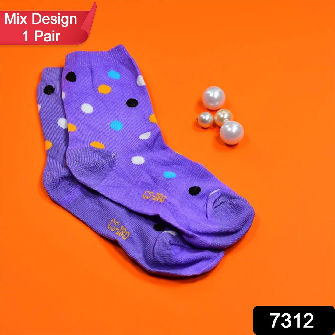 A single pair of colourful printed socks for women, laid flat on a white surface.