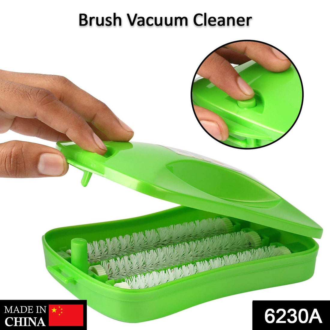 Handheld carpet roller brush efficiently cleaning dust and crumbs from a patterned rug.