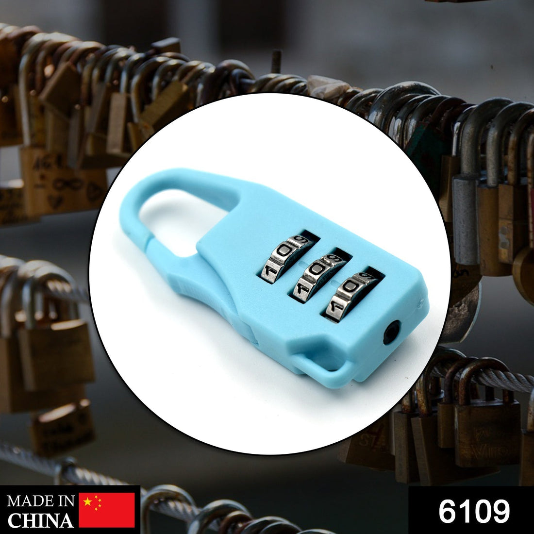 A sleek black 3-digit luggage lock securely attached to a suitcase zipper.