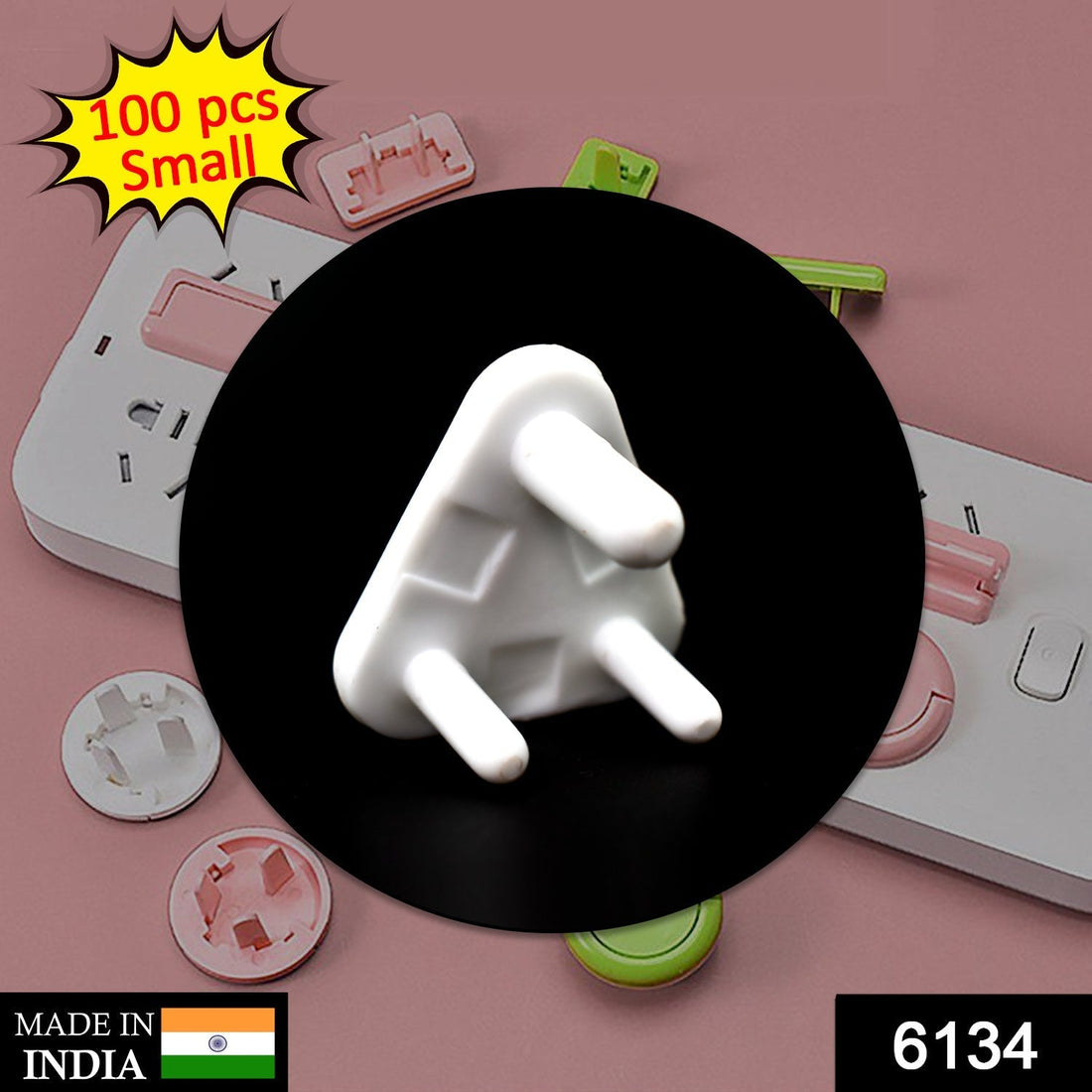 White baby socket covers, a pack of 100 electrical plug protectors for child safety.