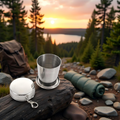 Hot beverage in stainless steel camping cup outdoors with lid.