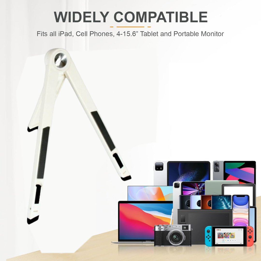 Adjustable foldable tablet stand showing multiple viewing angles.