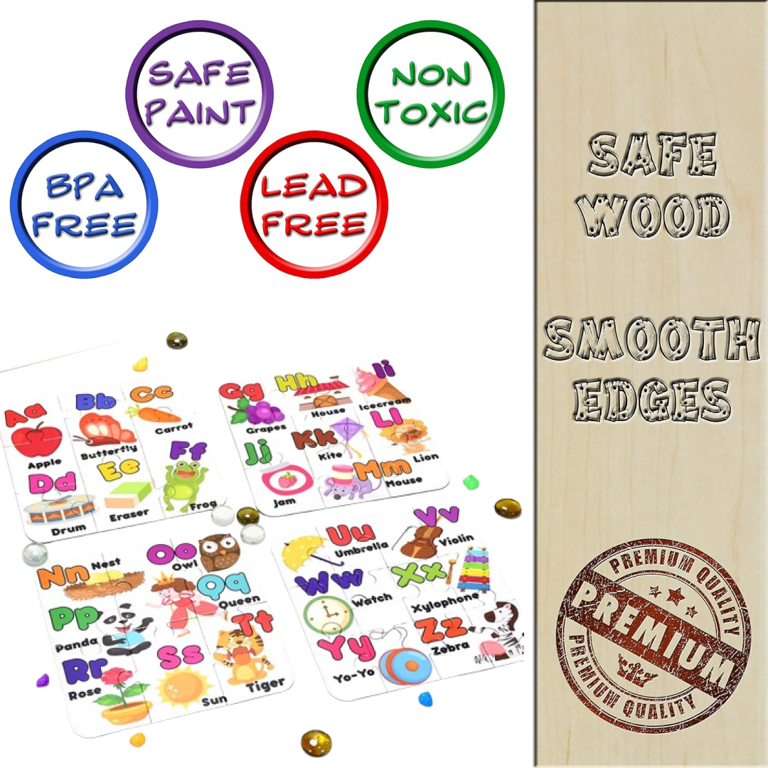 Colorful ABC jigsaw puzzle set for children, promoting early learning.