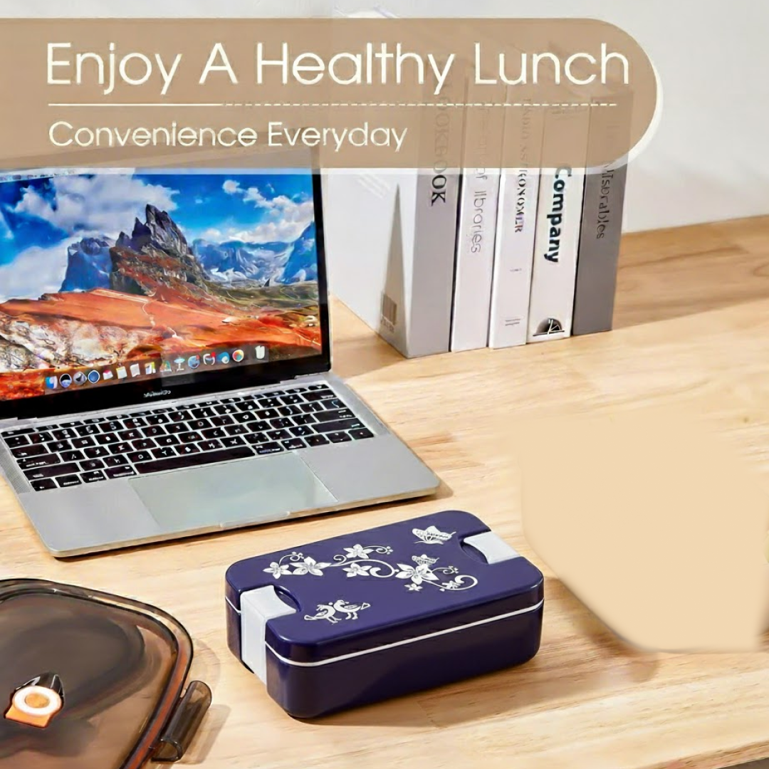 Blue 2-compartment airtight lunch box with a decorative flower design.