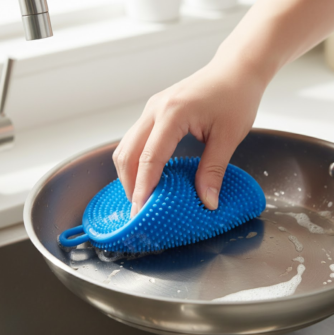 Round silicone dish scrubber, heat-resistant and mildew-free, ready for use.