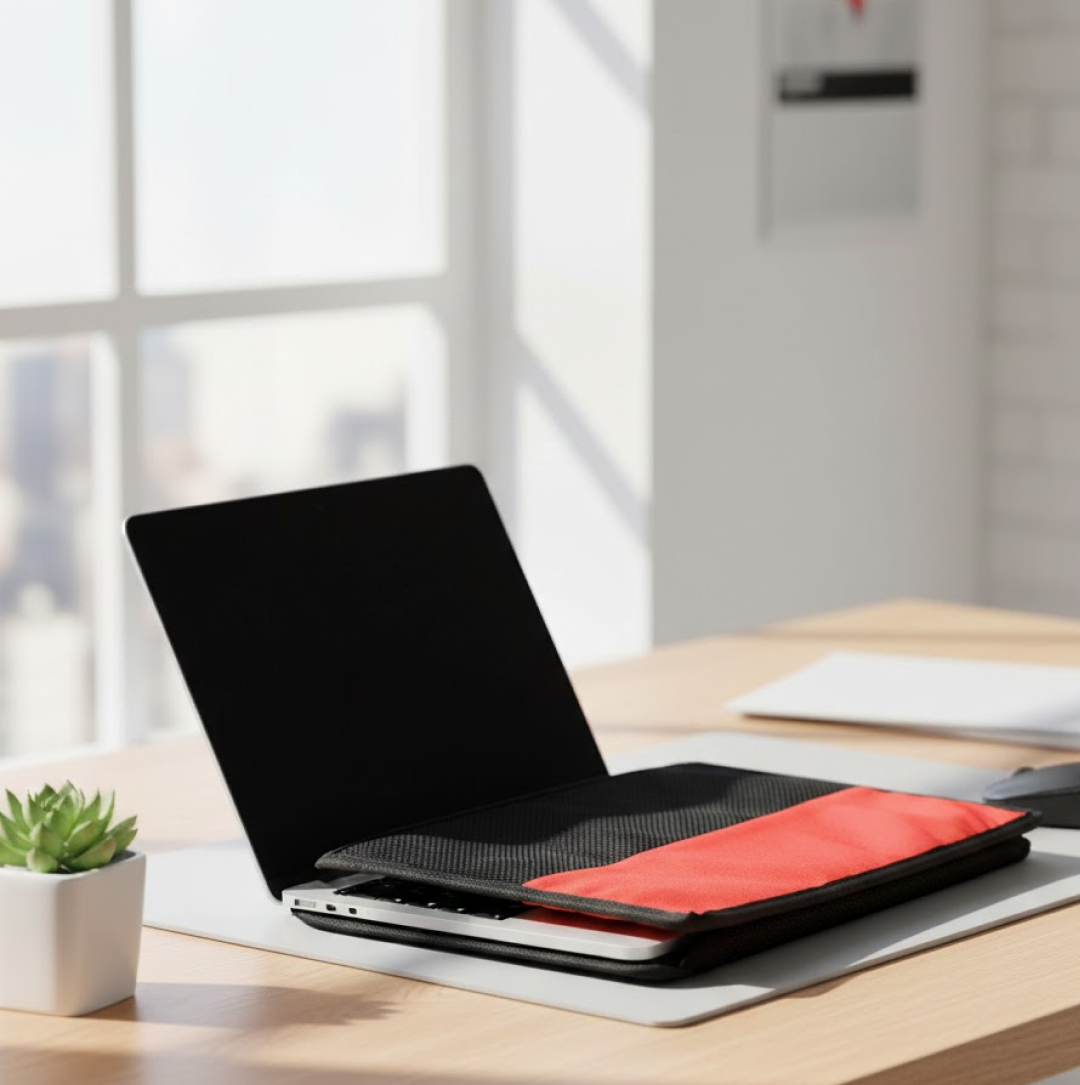 Front view of a sleek grey laptop sleeve, offering durable laptop protection.