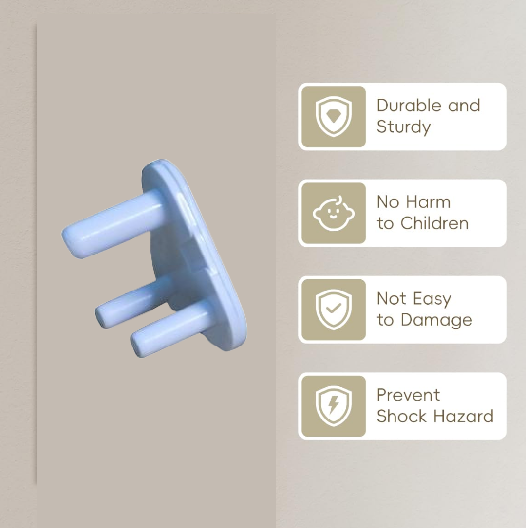 White electric socket cover securely placed in a wall outlet, ensuring child safety.