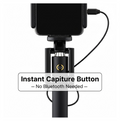 Set of selfie stick accessories, highlighting the aux wire and phone holder compatibility.