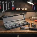 BoltForce socket wrench set neatly arranged on its red organizing tray for easy access.