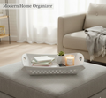 Angled view of the foldable serving tray with dimensions, demonstrating its practical size.