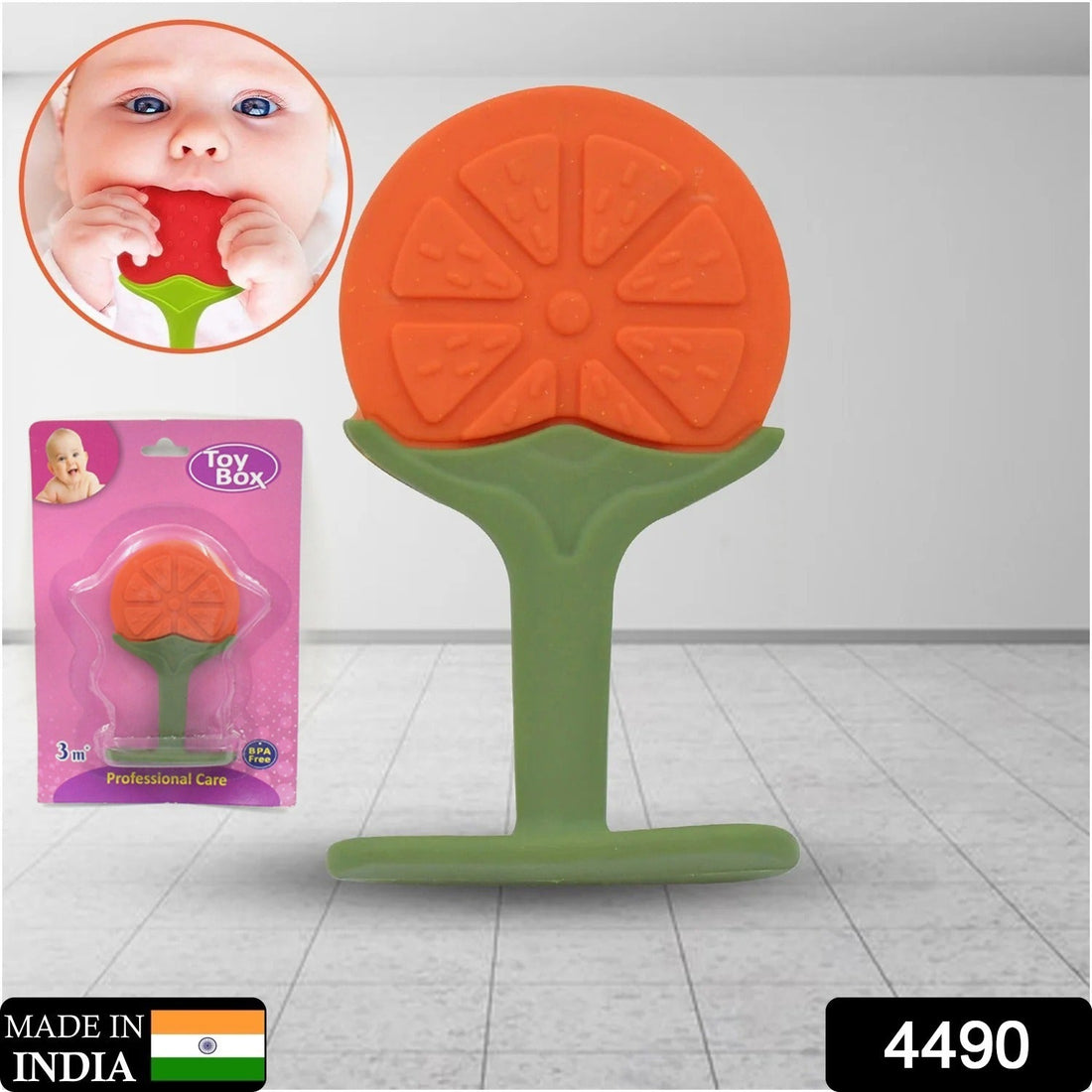 Close-up of a soft Baby Silicone Teether in a vibrant fruit shape.