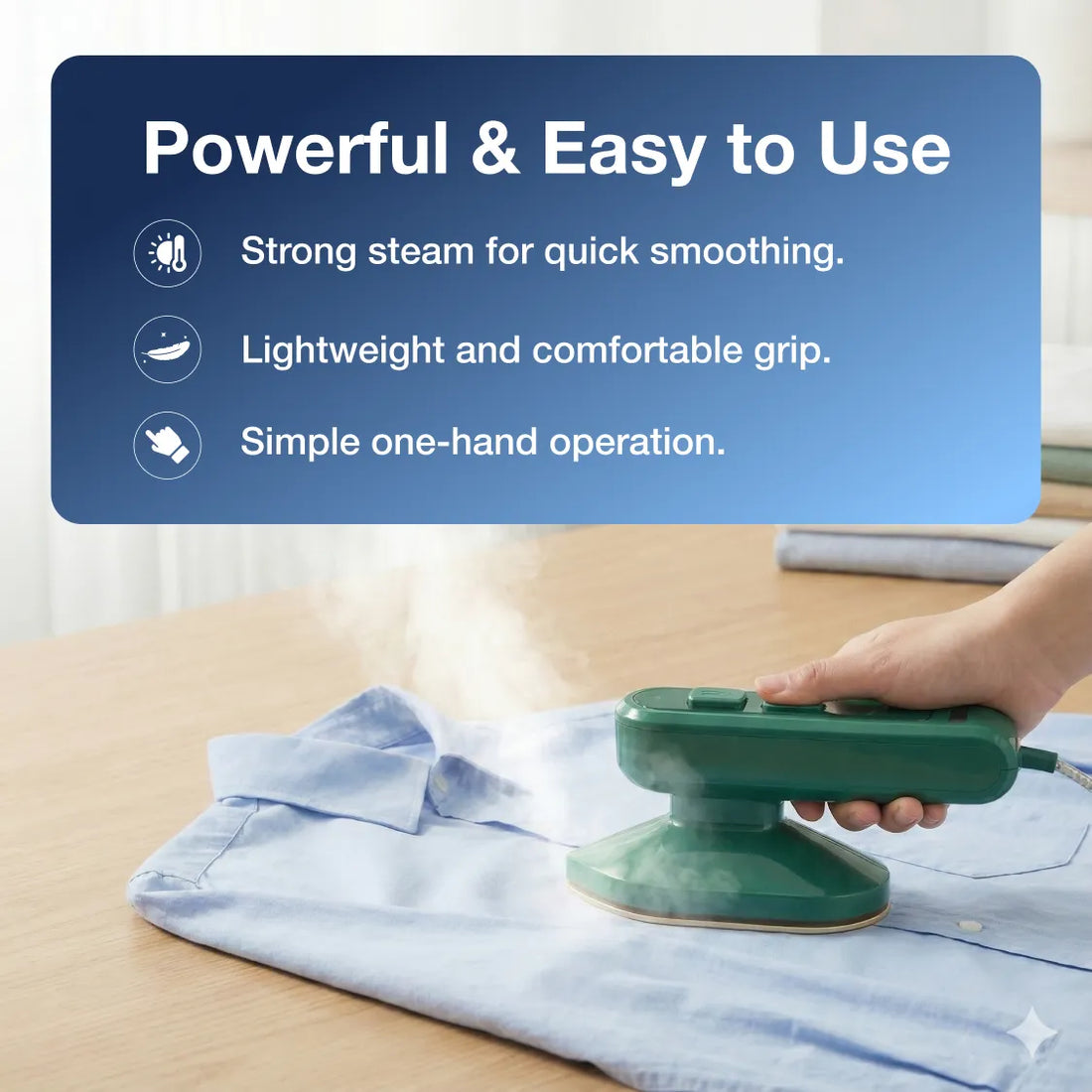 Main product shot of the Happy Bathers portable steam iron, highlighting its compact design.