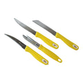 Complete kitchen knife set with peeler displayed against a clean white background.