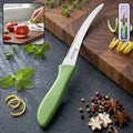 Steel kitchen knife with curved plastic handle for precise slicing