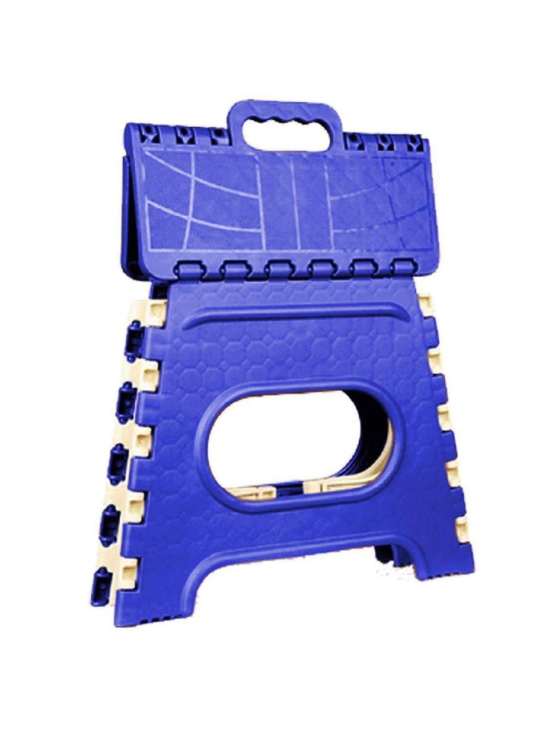 Vibrant multicolor 12 inch folding step stool, open and ready for use.