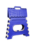 Compact 12 inch plastic step stool folded flat, highlighting its portability.