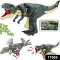 Child playing with an interactive dinosaur toy, showing its moving head.