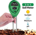 Packaging of the 3-way soil meter, highlighting its moisture, pH, and light testing capabilities.