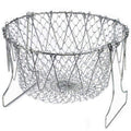 The sturdy stainless steel chef basket folded flat for convenient storage in a drawer.